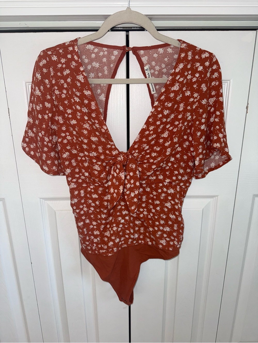Abercrombie & Fitch Orange Rust Floral Tie-Front Flowy Sleeve Bodysuit Top